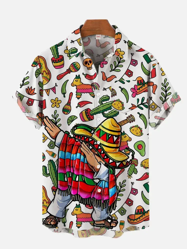 

2026 Men's Fashion Hawaiian Shirt Mexican Style Colorful Graffiti Art Printed Short Sleeve Shirt Simple Design Harajuku Clothing