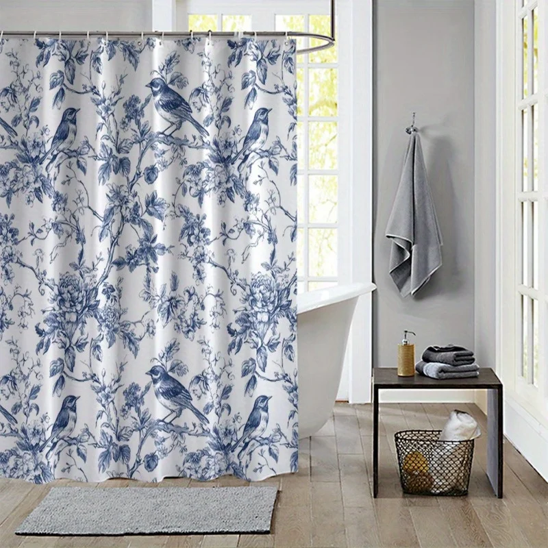 Vintage Style Porcelain Shower Curtain - Blue and White, Birds Design, Includes 12 Hooks, Perfect for Artistic Bathroom Decor