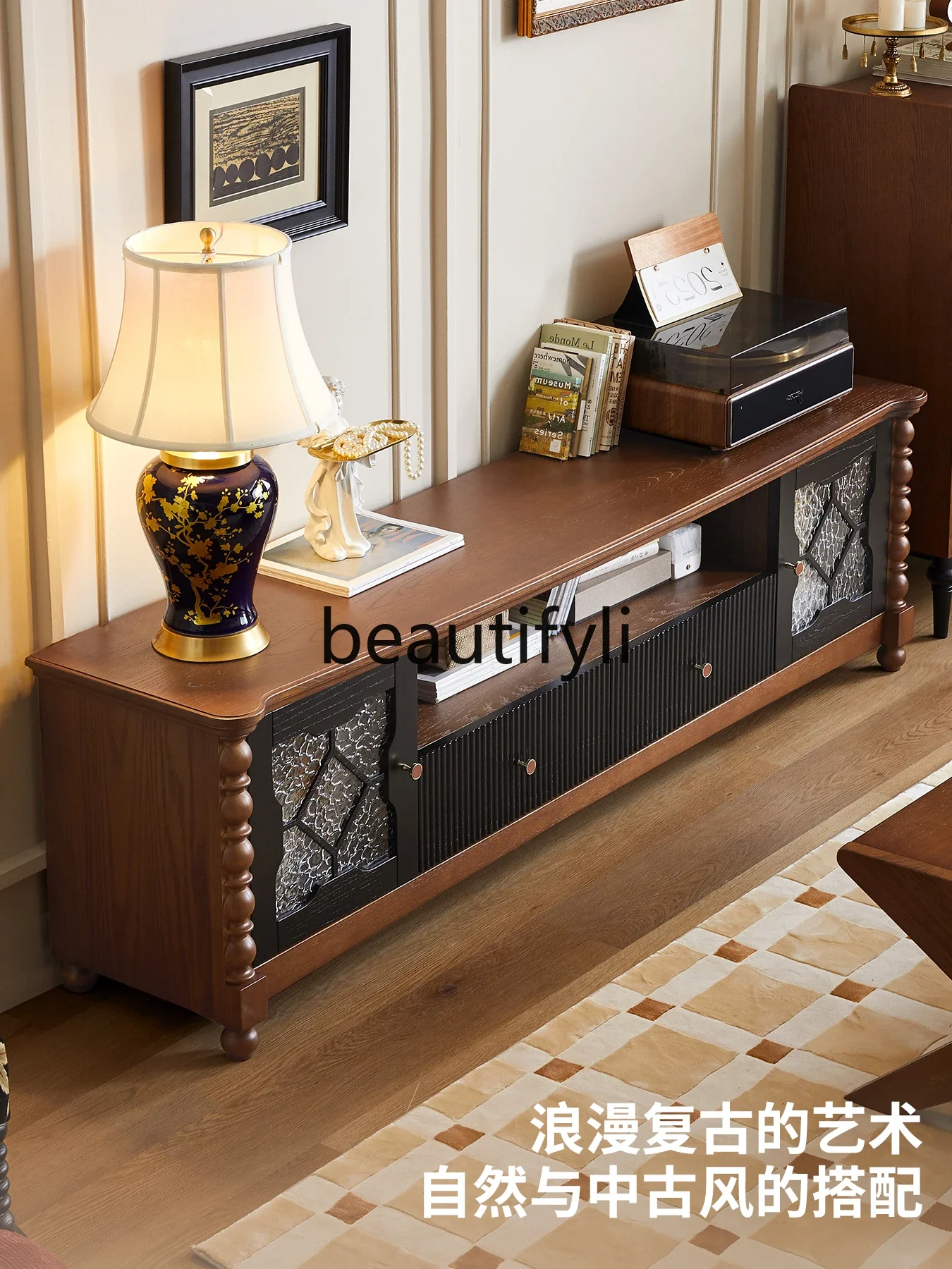 

Solid wood TV cabinet living room home French retro storage locker integrated furniture