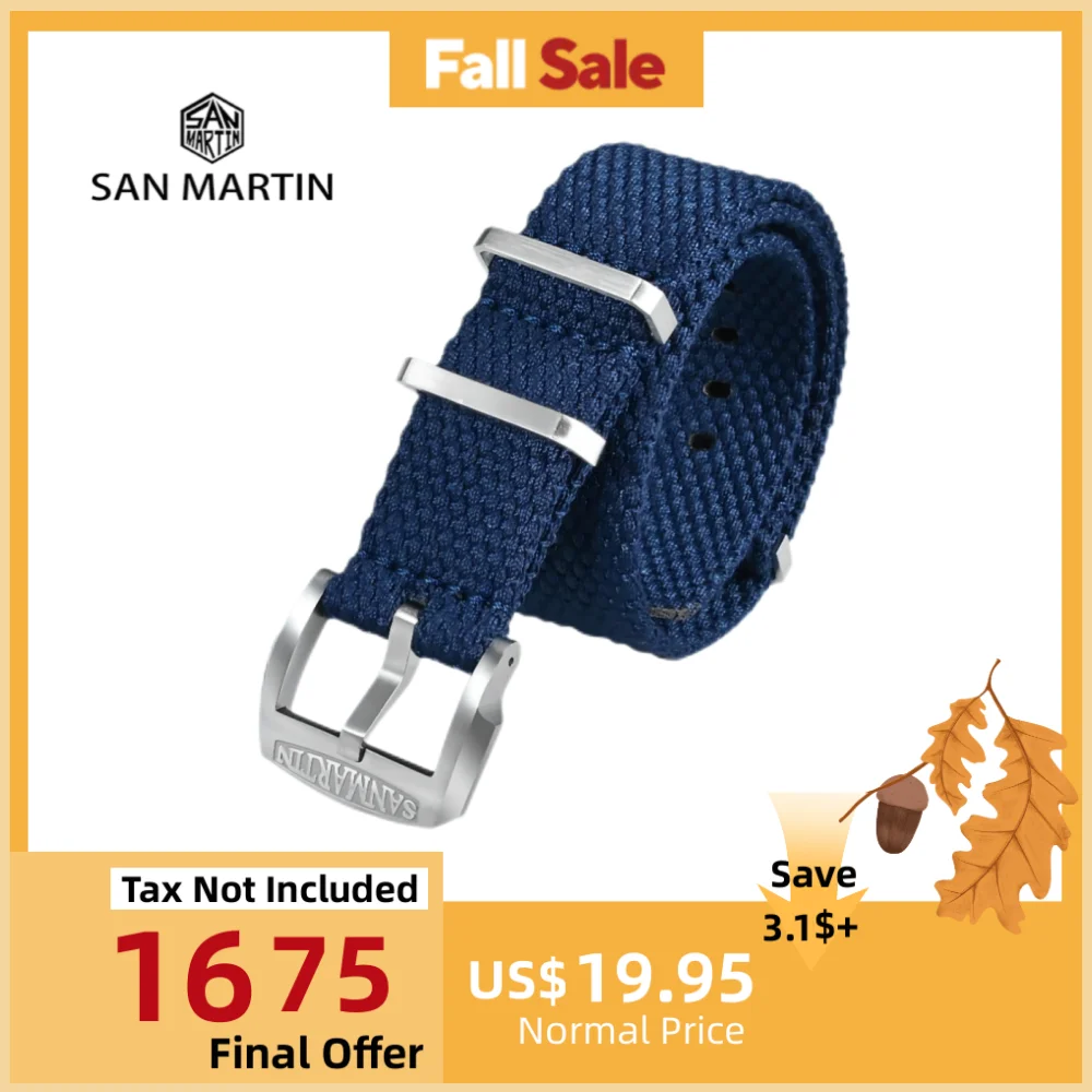 

San Martin Simple Style Linen Watchband For 20mm 22mm Lug Width Watches Men Universal Watch Strap Replacement Military BD0012