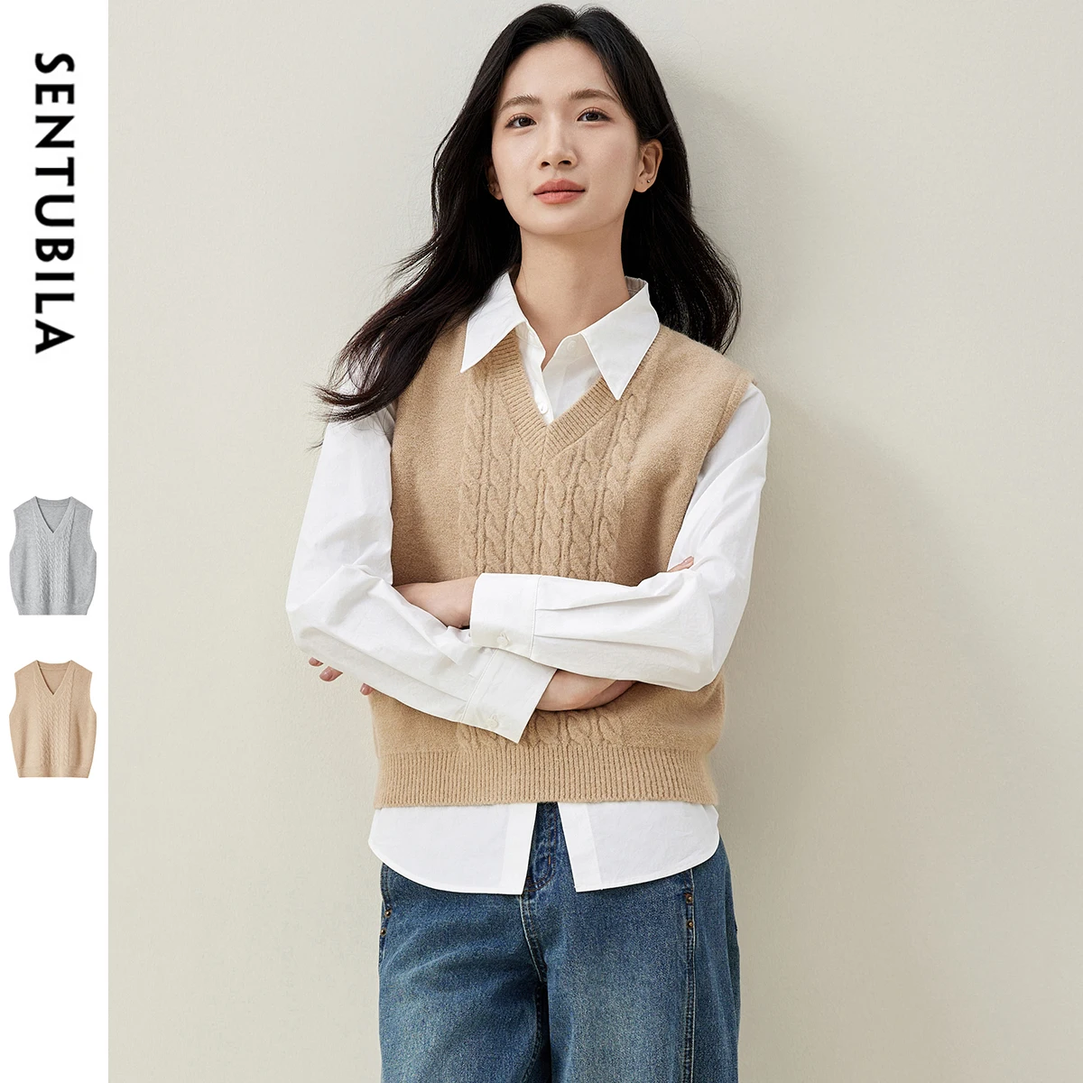 

SENTUBILA Korean Fashion Women's Sweater Vest 2025 V Neck Sleeveless Solid Preppy Style Short Vest Pullover Female W44J58704