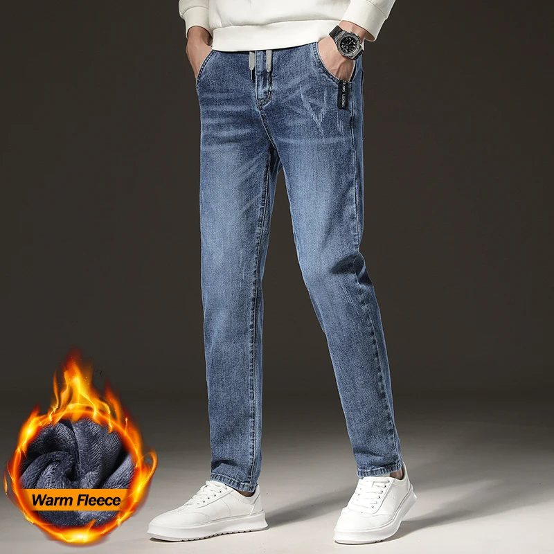 الشتاء الدافئ الجينز الرجال الصوف الضوء الأزرق سليم مستقيم الدينيم السراويل عالية الجودة رشاقته المخملية مرونة الراحة بناطيل كاجوال #3
