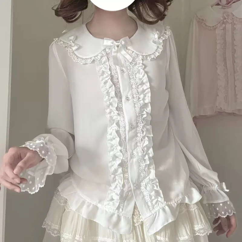 달콤한 로리타 느슨한 레이스 보우 긴 소매 쉬폰 셔츠 여성 일본 카와이 러블리 패치 워크 티셔츠 패션 예쁜 옷