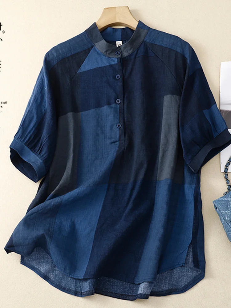 

Свободный повседневный хлопковый льняной воротник-стойка в стиле ретро с воротником-стойкой для женщин, винтажный клетчатый принт на пуговицах в стиле ретро