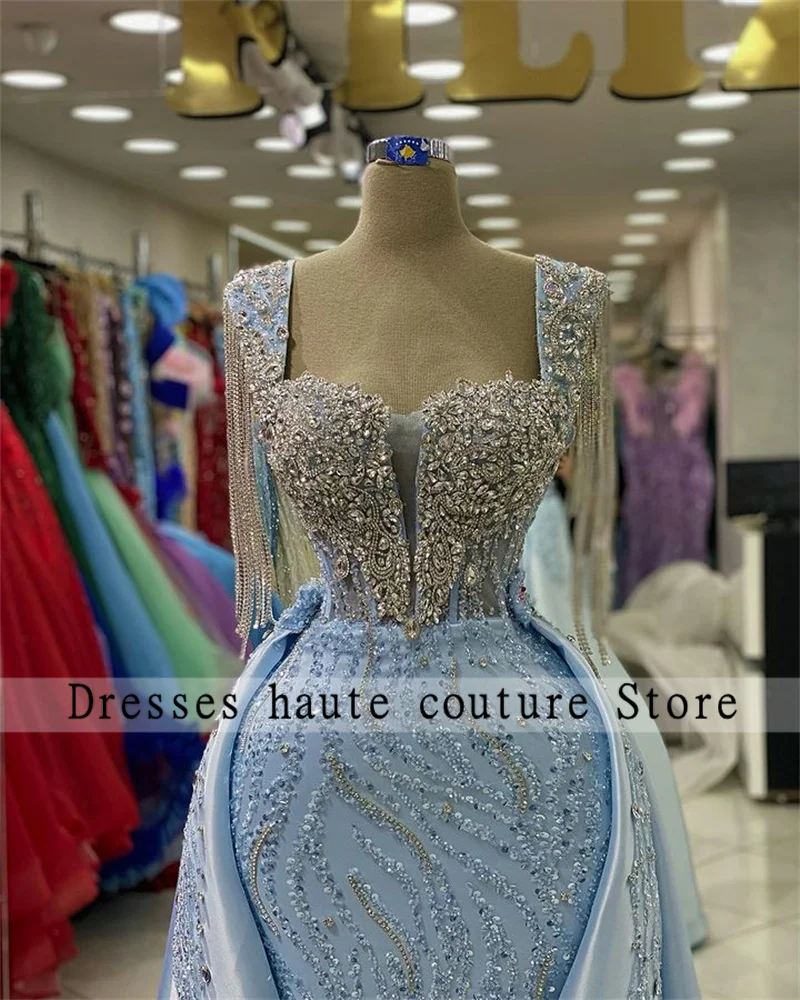 Vestido de noche de sirena con cuentas azules de México, traje de lujo con cristales de tren desmontables, borlas de boda, 2024