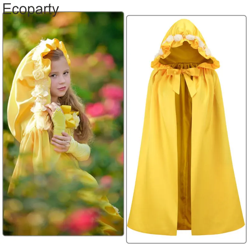 Halloween Filles Belle Princesse Cosplay Cape Belle À Capuche Jaune Fleur Volants Cape Robe Pourim Carnaval Fête D'anniversaire Tenues