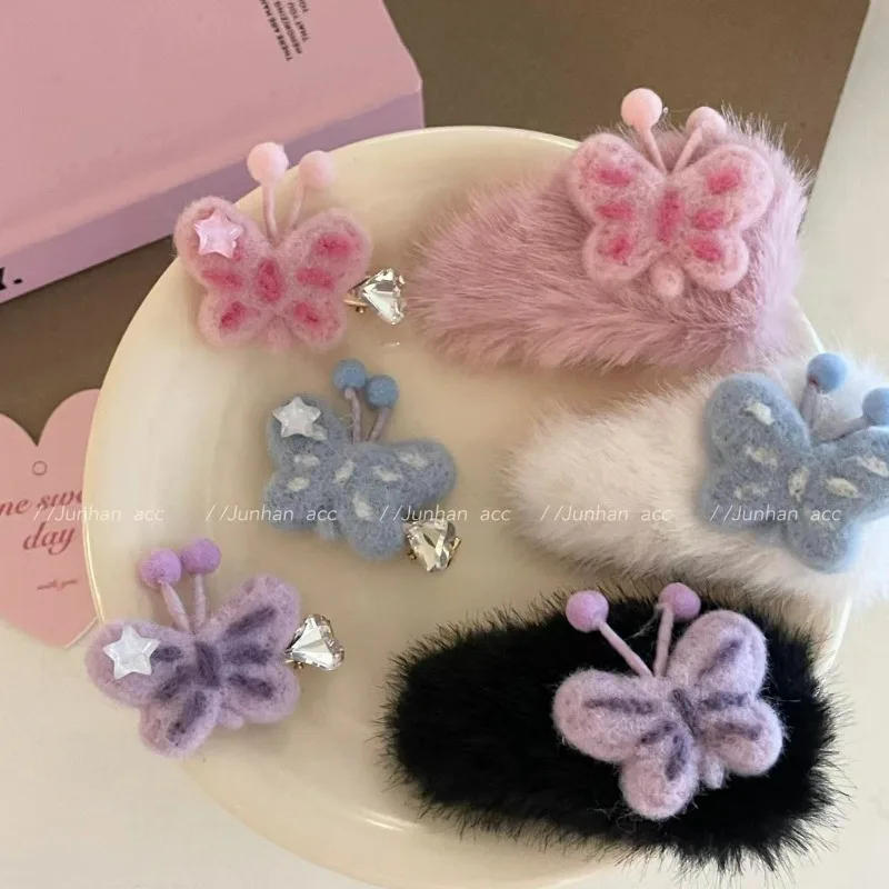 Cute Butterfly Hairpin Headdress Trumpet Bangs Grip Ins Autumn and Winter High-Grade Plush Clip Hair accessories Headwear