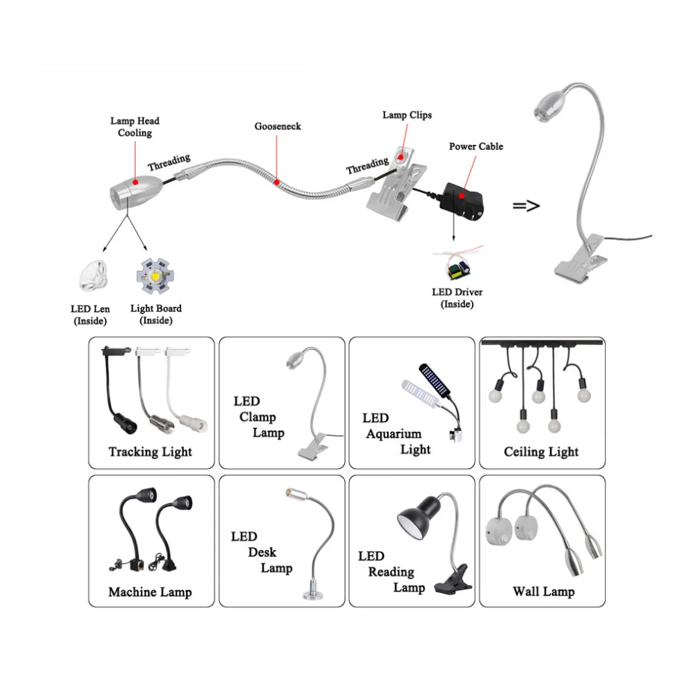 Lámpara LED de cuello de cisne M8/M10 exterior de 8mm y 10mm de diámetro, soporte Flexible con soporte, Base de plomería de metal, tubo de lámpara de lectura de 10-50cm