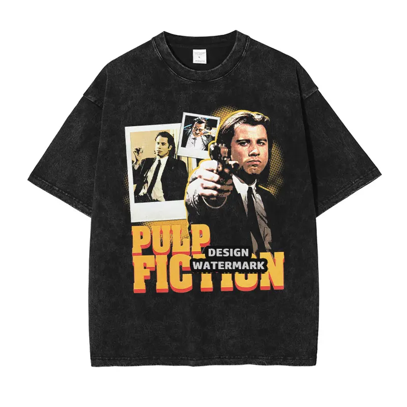 Pulp Fiction Tops Tees Hip Hop Movie Old School Vintage Washed T Shirt Oversized T-shirt Short Sleeve Sweatshirts Man Cotton