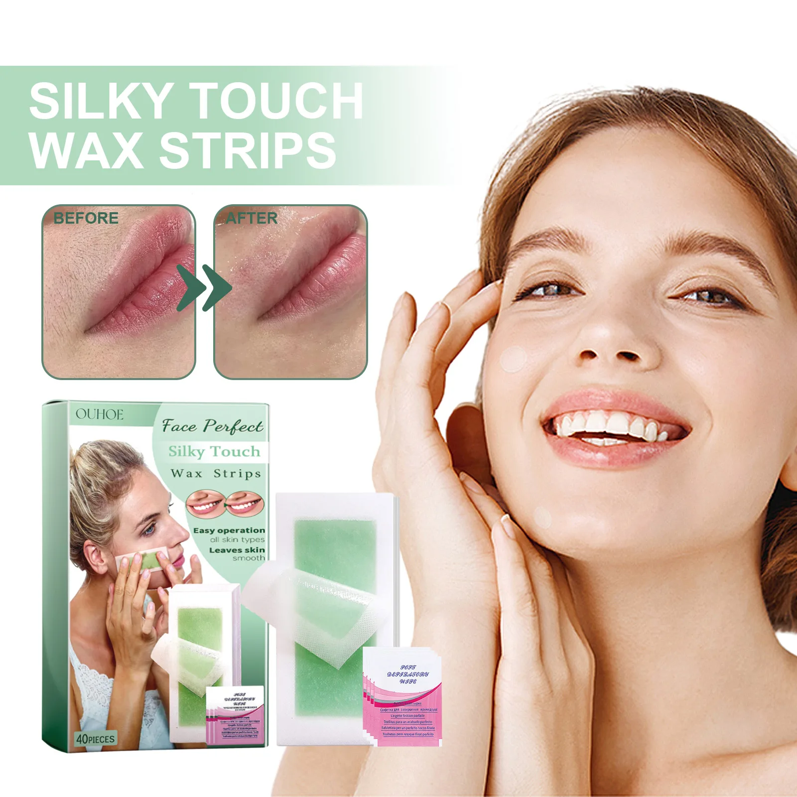 

Facial Depilatory Wax Strips 40pcs Facial Wax Strips Calming Oil Wipes Hypoallergenic Eyebrow Upper Lip Hair Removal Wax Paper