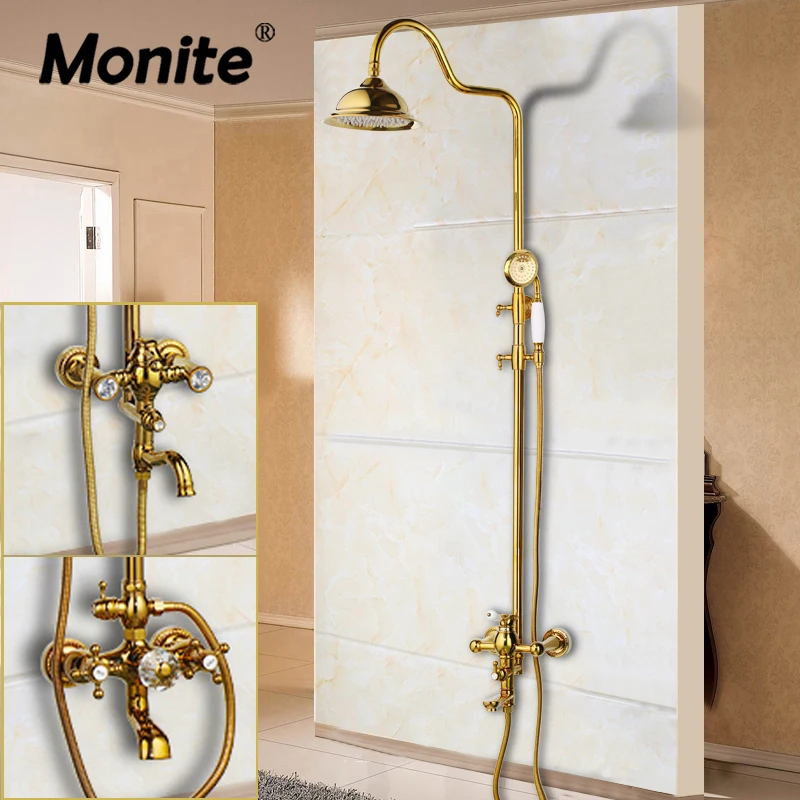 Monite Golden Plated Solid Brass Bathroom Bathtub Shower Set Rainfall Shower Head Crystal Dual Handles Shower Faucet Mixer Tap