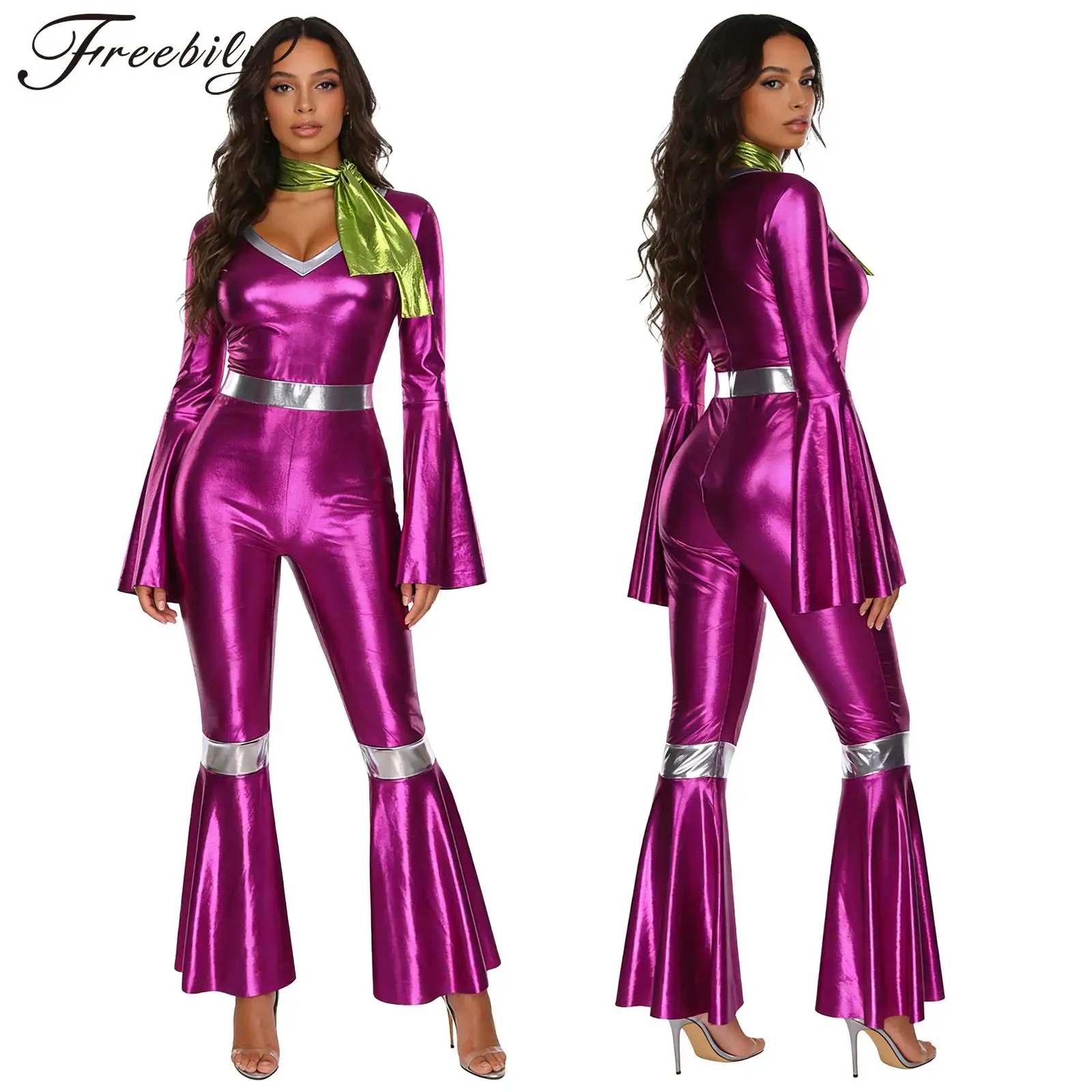 

Women 70s Disco Dance Hippie Jumpsuit Flare Sleeve Metallic Shiny Bell-bottom Bodysuit with Scarf for Halloween Carnival Party