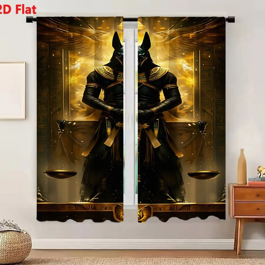 2Pcs Curtains 2D Flat Anubis Egyptian God With Scales And Hieroglyphs In Black And Gold Window Drapes for Bedroom Room Decor Dec