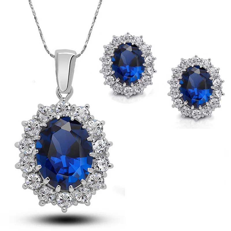 Luxury Jewelry Set for Women Girlfriend and Mother Blue Zircon Necklace Earrings Ring Sets Bridal Accessories Three Piece Gifts