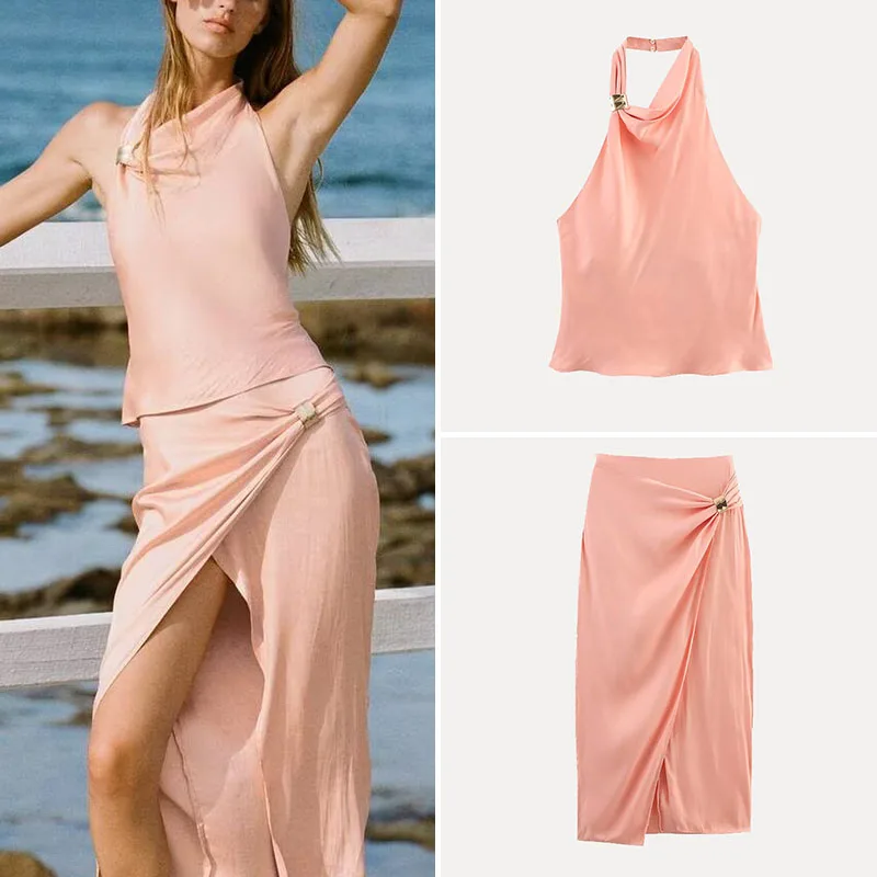 

Spring 2025 Women's Faion Set Gold Embellied Silk Satin Top And f Skirt Polyester Fiber Z Brand