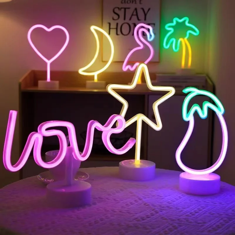 Neon Sign LED Rainbow shaped Neon Light Battery/USB Powered Colorful Neon Lamp with Holder Base Star Flamingo Nightlight Deco