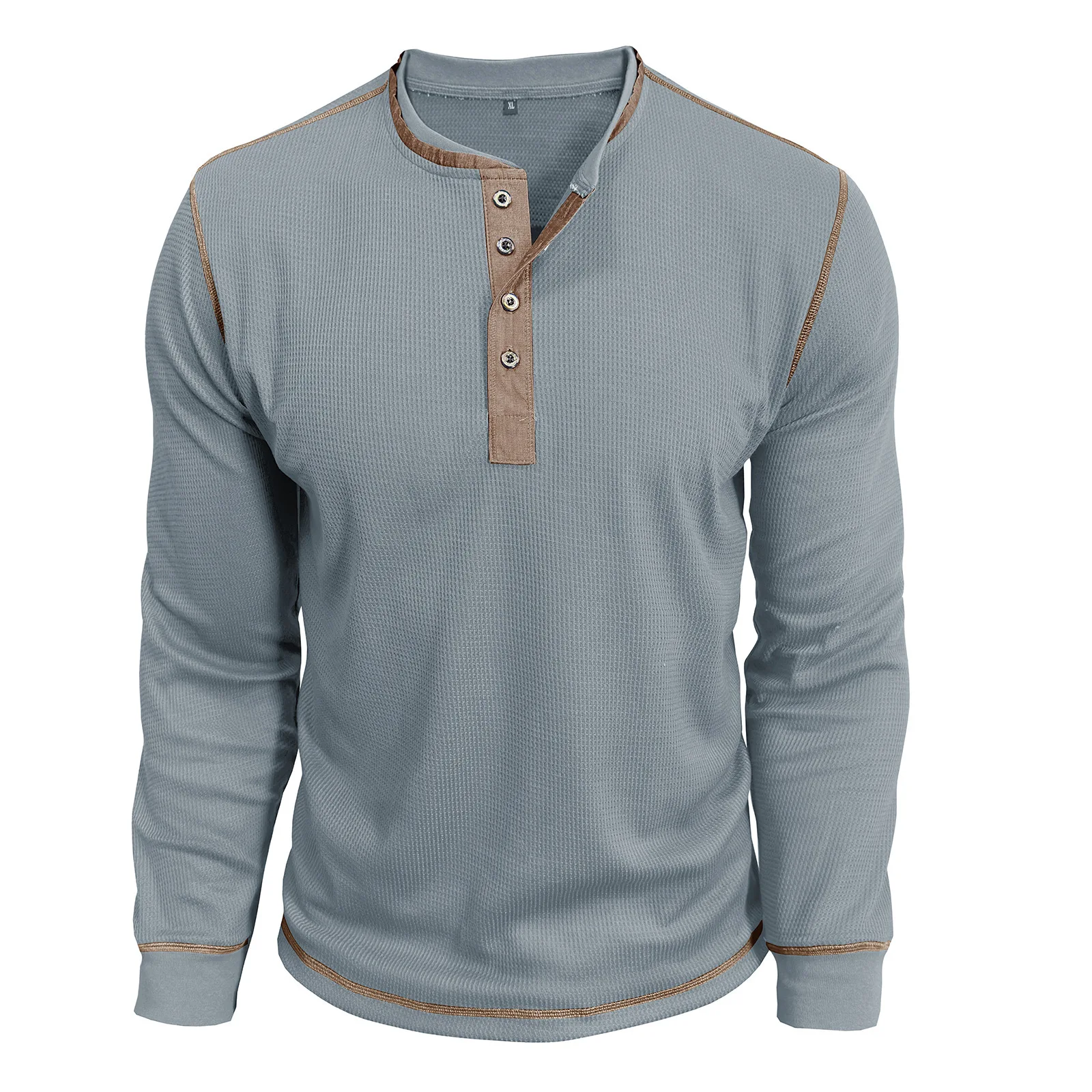 الموضة الأمريكية الأوروبية الرجال الهراء كم طويل س الرقبة واحدة الصدر البلوز هنري طوق فضفاض تي شيرت الذكور الملابس الداخلية #3