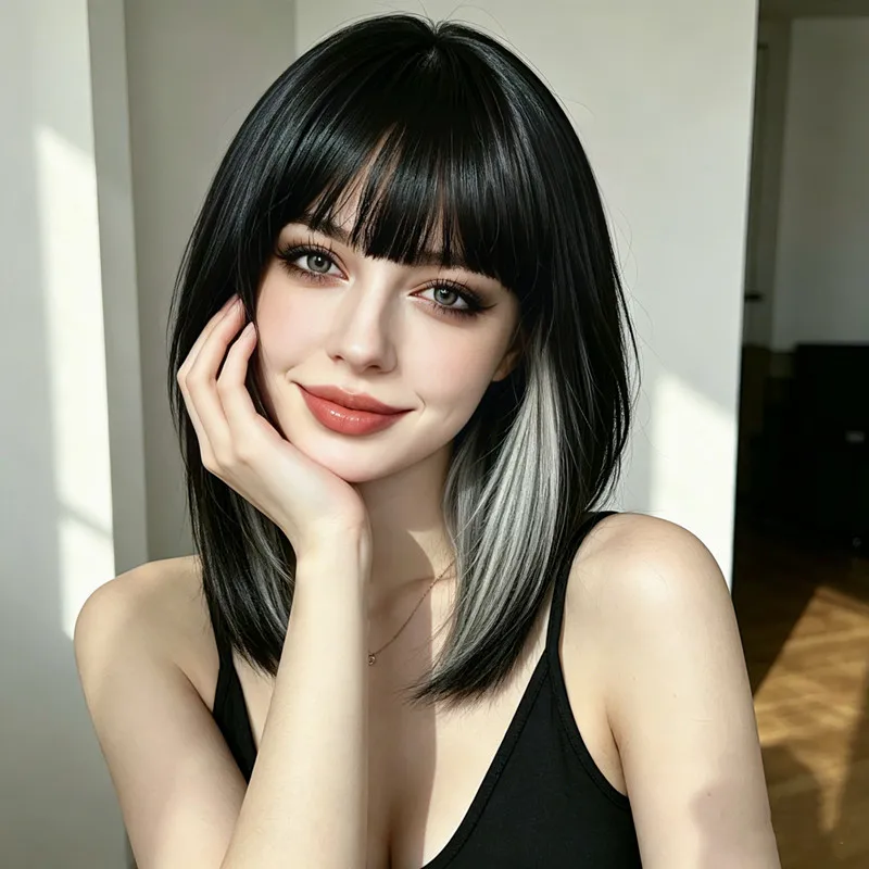 Fashion Cool Synthetic Black Grey Gradient Wig for Women Breathable Daily Use Straight Hair Head Cover Ladies Female