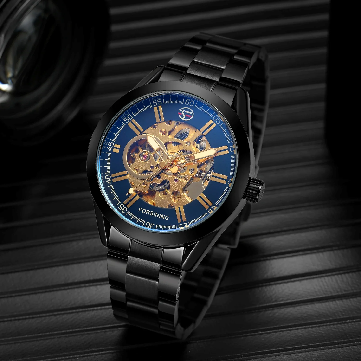 FORSINING Black mechanical watch hollow double nail scale mechanical watch leisure style single ring steel strap wrist watch