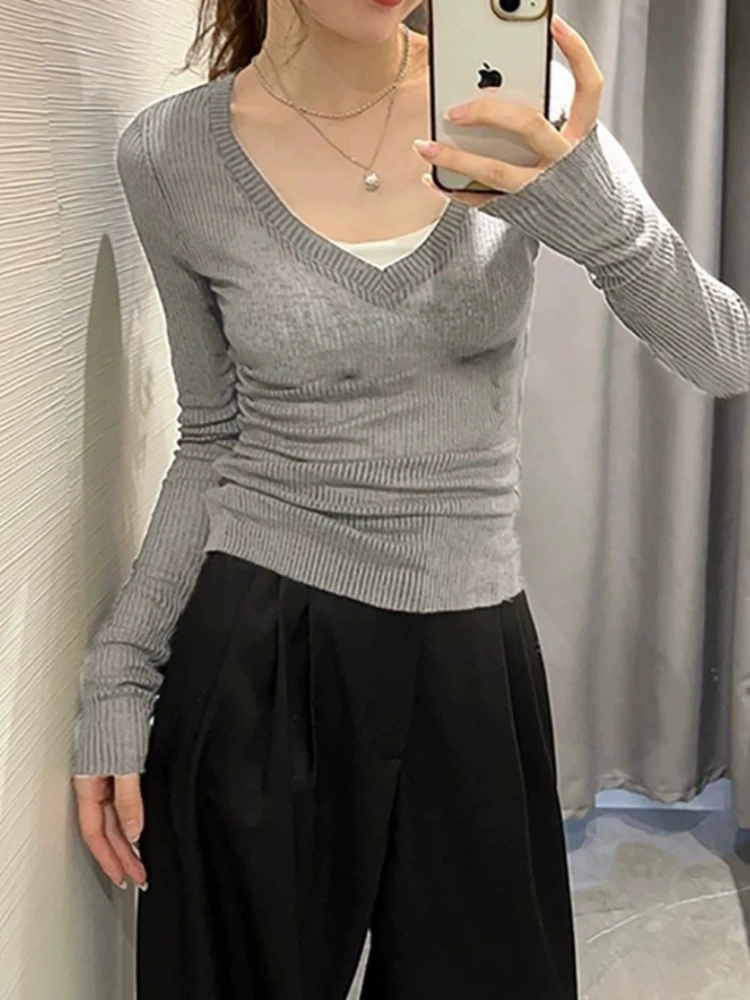 2026 Spring Summer Knitted Long Sleeve Women T-shirt Hot Girl Sexy V Neck Stretchy Slim Figure Flattering Tee Basic Inner Top view 4