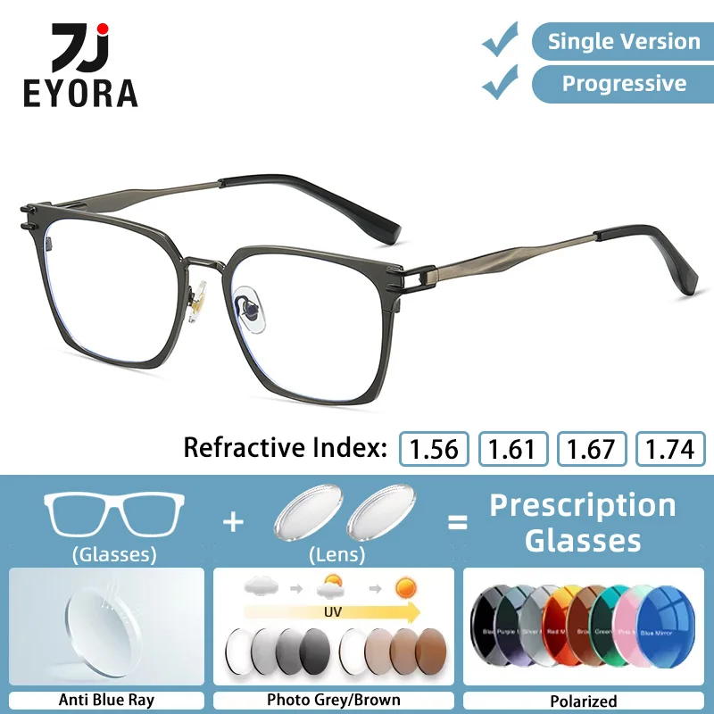 

EYORA Currents Square Metal Frame Men Reading Glasses Myopia Eyewear Hyperopia Anti Blue Light Progressive Photochromic Eyewear