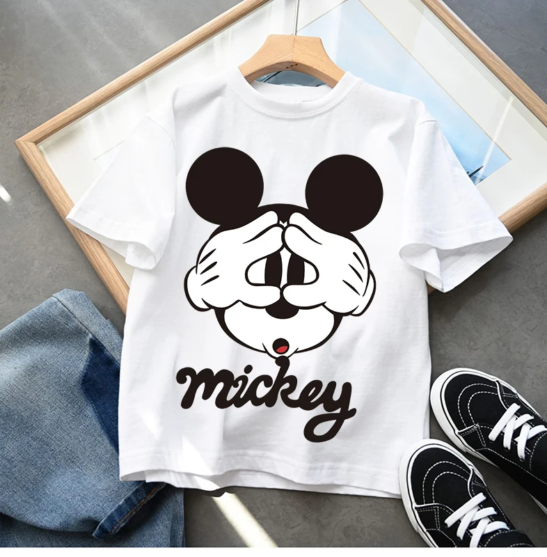 Disney Mickey Minnie Mouse T-shirt Cotton Short Sleeve Tees Cute Anime Boys Girls Clothes Fashion Hip Hop Tops Cartoon Toddler