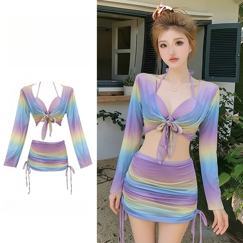 Women 4 Piece Bikini Set Rainbow Gradient Halter Top Front Tie Long Sleeve Cover Up Side Drawstring Skirt Summer Beach Swimwear