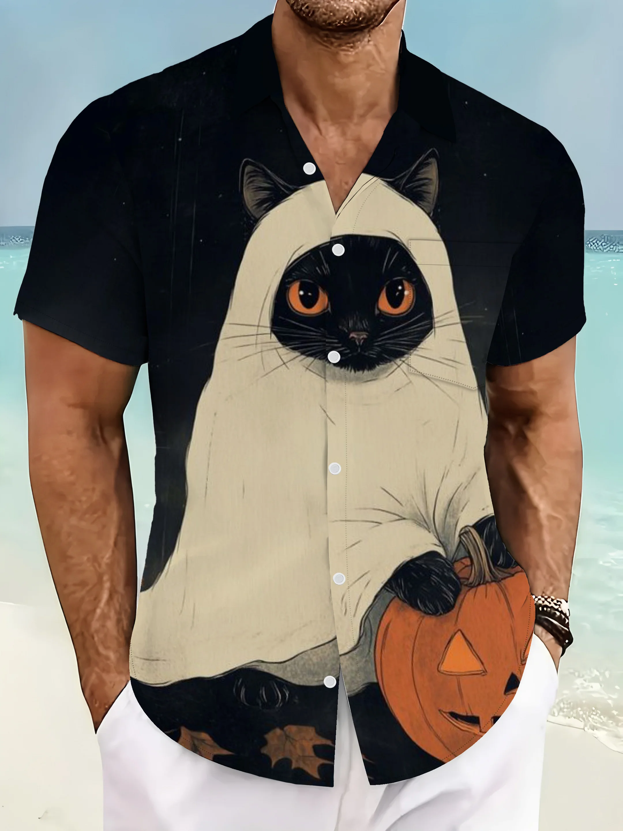 Men's Shirt Halloween Ghost Cat Pumpkin Print Black Gradient Base Short Sleeve Turn Down Collar Holiday Party Casual Mens Tops