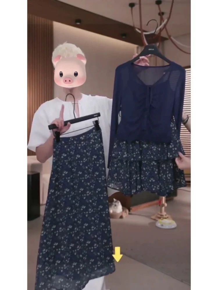 

Женский весенний модный комплект в стиле ретро с блузкой с кружевной отделкой и юбкой с цветочным принтом, повседневный костюм из трех предметов с V-образным вырезом и длинными рукавами