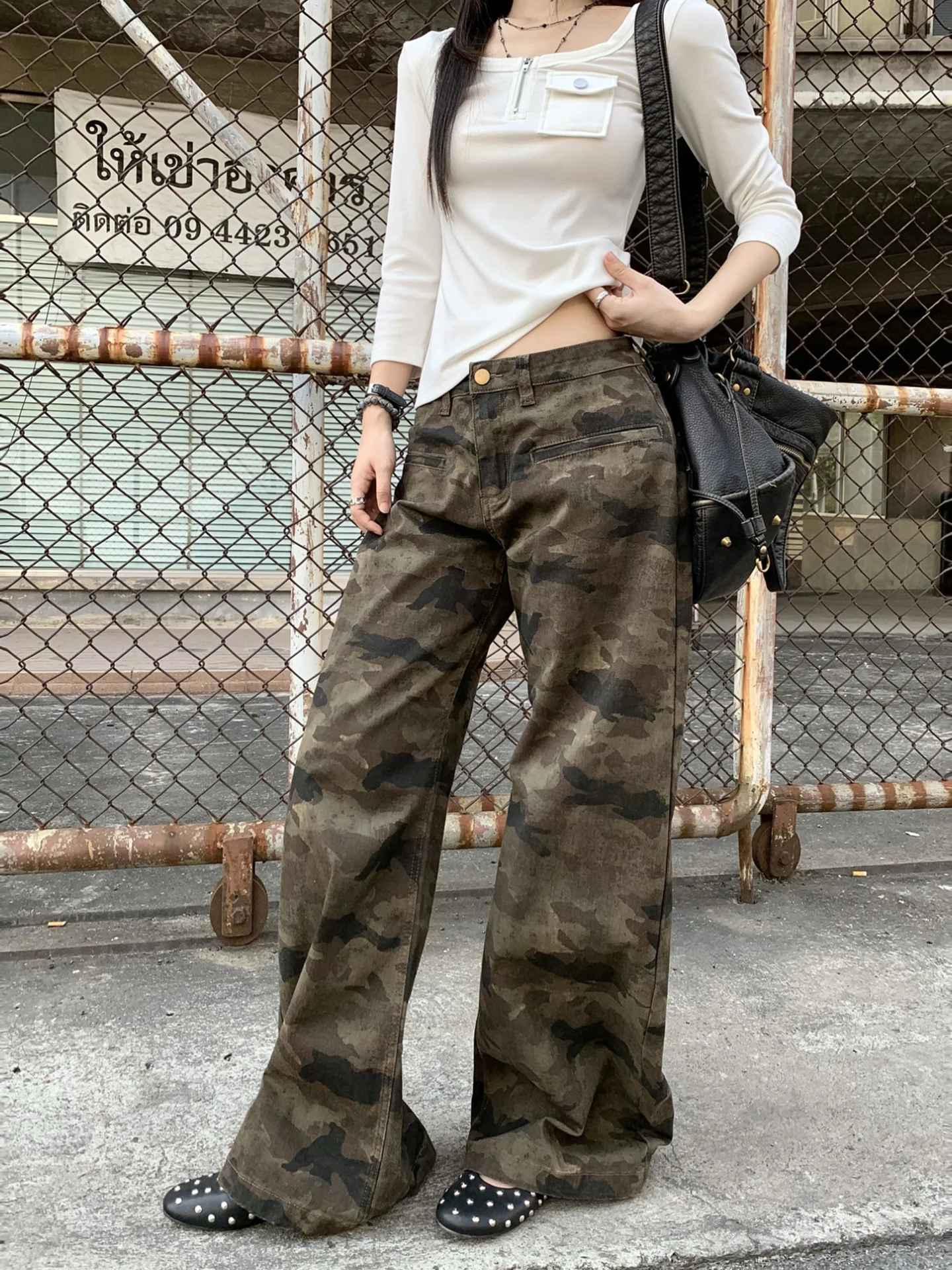 

American Retro Camouflage Straight Leg Jeans Women's Spring Summer Faionable Long Pants Low Waist Cotton Blend Zipper Fly