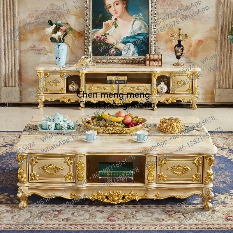 

European luxury all-solid wood TV cabinet coffee table combination large apartment marble floor cabinet living room furniture