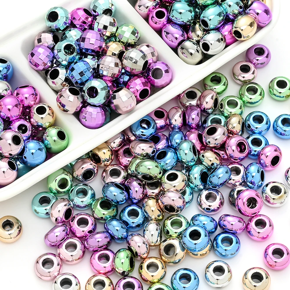 50 Stück CCB Metallische Farbige Acrylperlen Gemischte Farben Großlochige Runde Lose Abstandsperlen für DIY Schmuckherstellung Armband Halskette – Detail 2