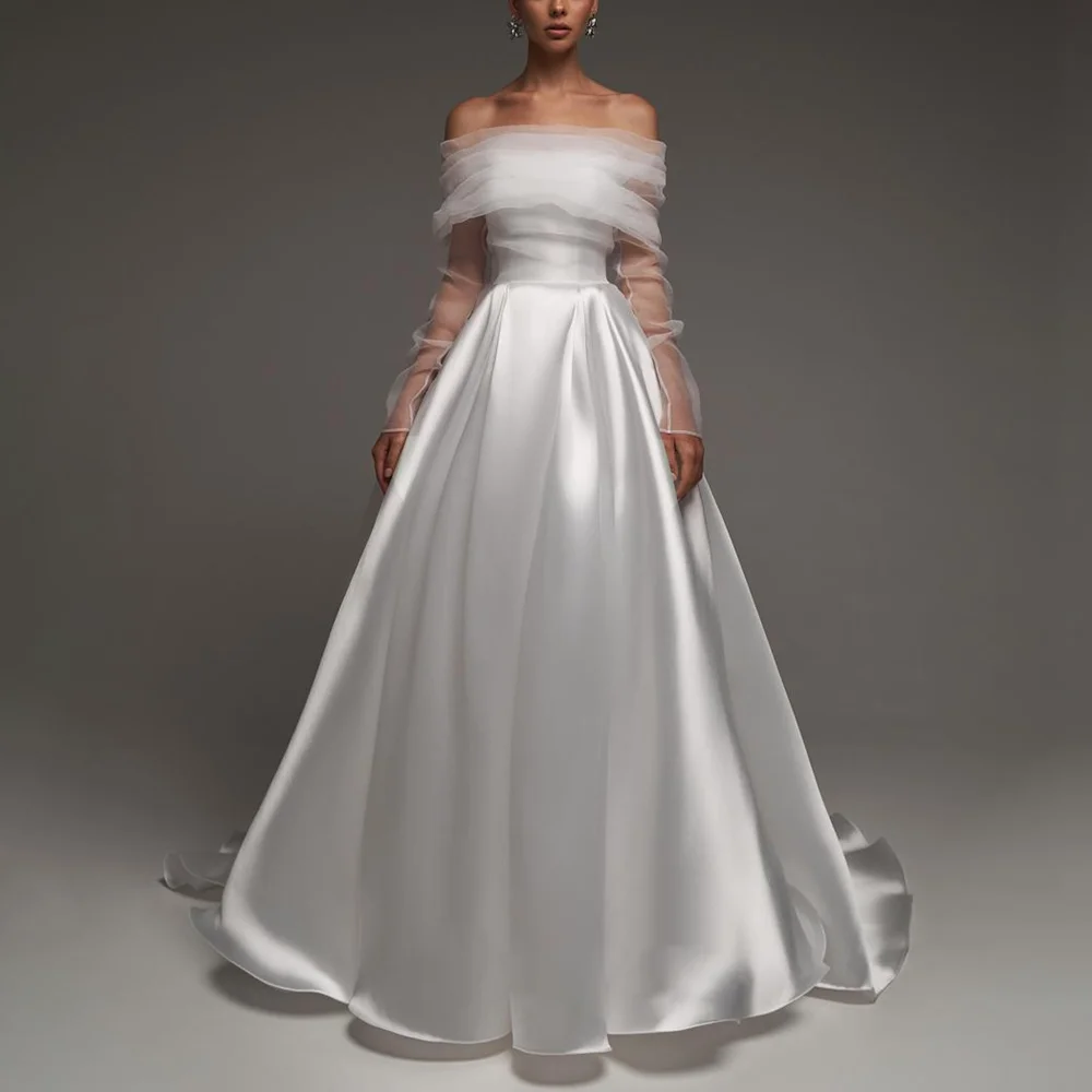 

Elegant White Satin Evening Dresses Chic Strapless Draped A-Line Prom Gowns Off The Shoulder Sweep Train Pleat Party Dresses