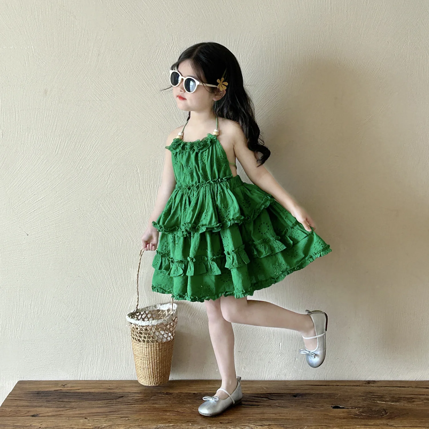 

Sweet Backless Puffy Cake Skirt for Girls Summer New Style Vacation Style Beach Skirt Hanging Neck Suspender Dress