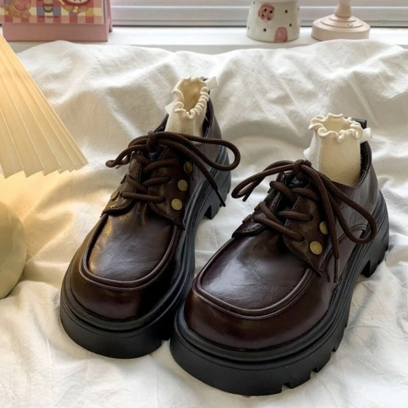 Women's British Style Retro Chunky Heel Leather Shoes 2025 Spring Autumn Petite Friendly Thick Sole Elegant Single Shoes