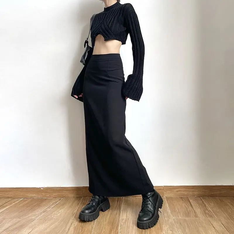 Black Long Skirts Women Cool Personality Pure Chic Back-slit Designed High Waist Elegant Office Lady Korean Fashion Clothing Ins