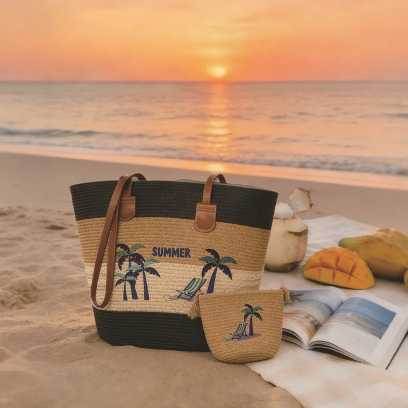 2PCS Straw Woven Bag Coin Purse Set Beach Coconut Tree Pattern Tote Bag Vacation Travel Shoulder Bag