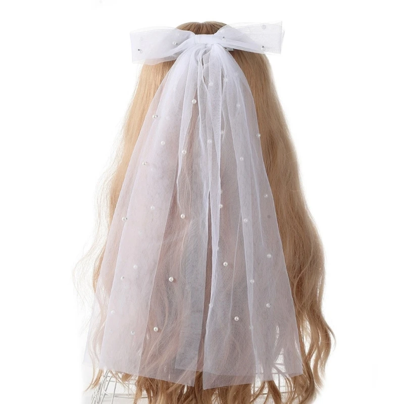 Bridal Veil Bride Elaborate Tulle Pearls Bow Short Bachelorette Party Hen Party Bride Veil Hen Party Head Scarf