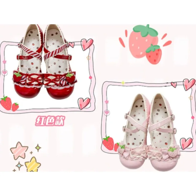 Japanese Strawberry Lolita Cute Lace Bow Sweet Shoes Summer New Flower Heel Round Head Tower Buckle Mid Heel Pumps Shoes Women