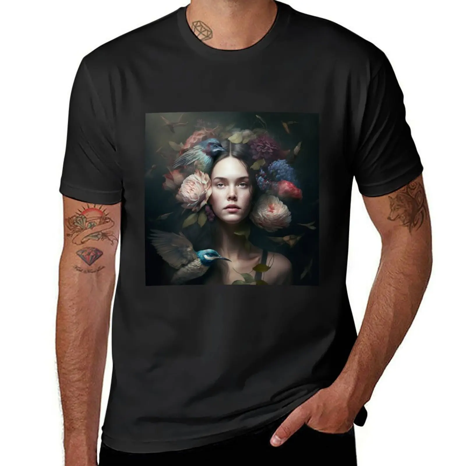 Beautiful Fairy Girl with Birds and Flowers T-Shirt anime plus sizes Men's t shirts