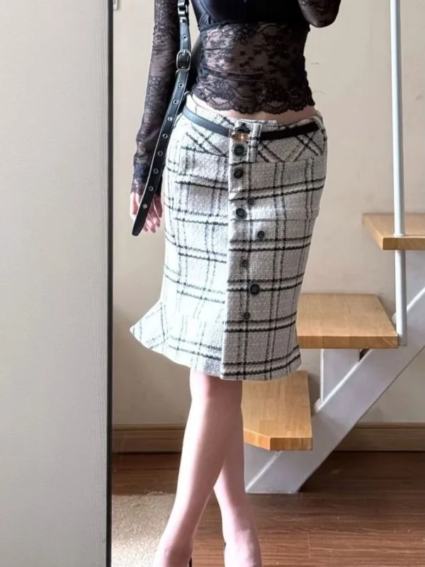 

Модная твидовая юбка с уникальными пуговицами, повседневная приталенная юбка миди с высокой талией для женщин, для работы и на каждый день