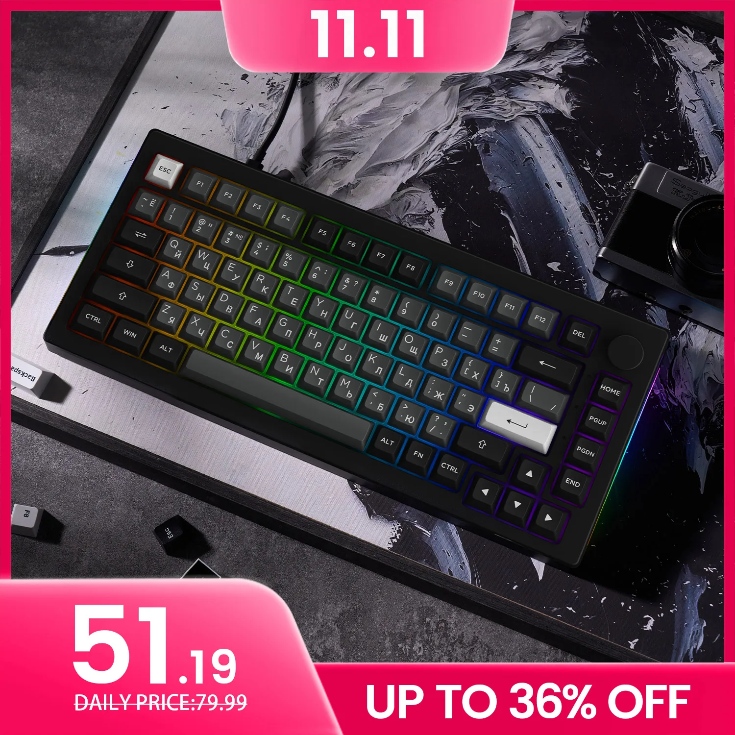 

Akko 5075B Plus Mechanical Keyboard 75% Russian Black Silver ASA Profile Keycap RGB 2.4G&Blutooth Wireless/Wired Gaming Keyboard