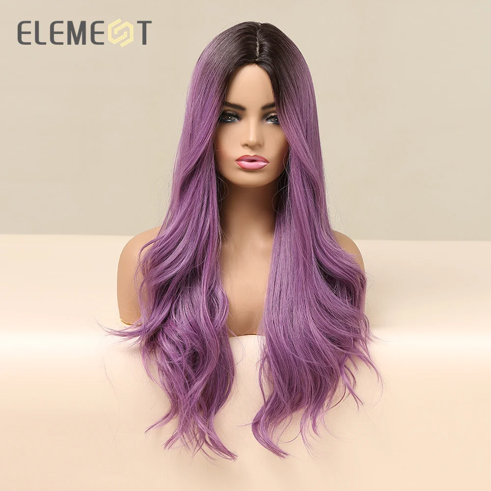 ELEMENT Elegant Synthetic Wig Long Wavy Curly Ombre Dark Root to Purple Color Wigs for Women and Girls for Party Heat Resistant