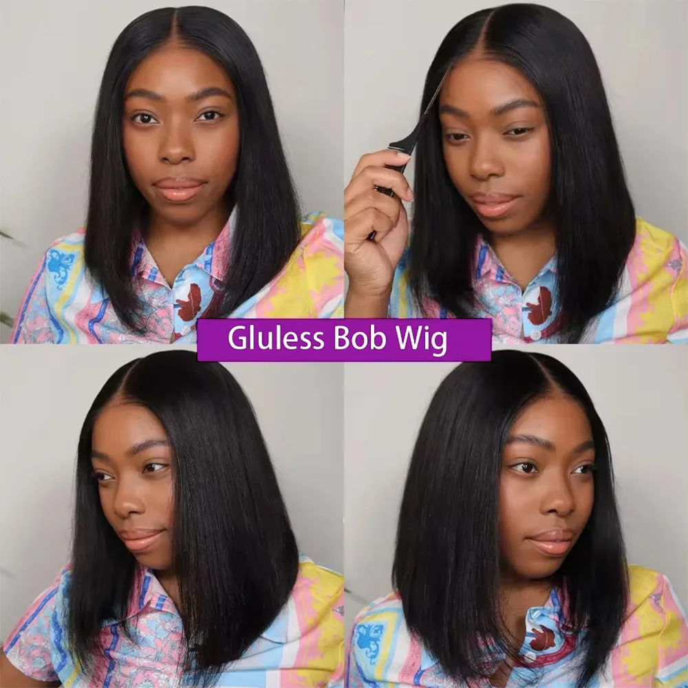 perruques cheveux humains sans colle Perruque Bob Lace Front Wig naturelle cheveux lisses 4x4 10-16 pouces pre-plucked sans colle sans gel prêt à