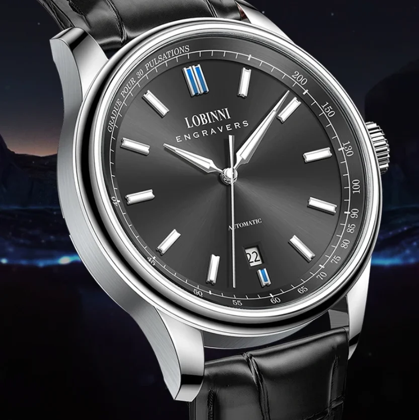 

LOBINNI Men Automatic Watch 40mm Mechanical Wristwatch Sapphire Mirror Date Leather Strap