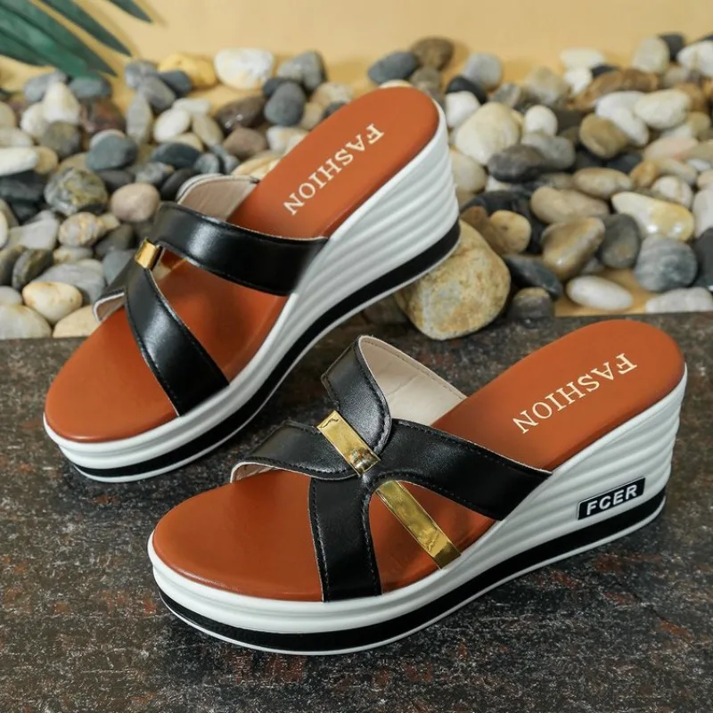 Korean Fashion New Fish Mouth Wedge Fashion Casual Foreign Trade Large Size Women'S One Line Sandals And Slippers For Sandalias