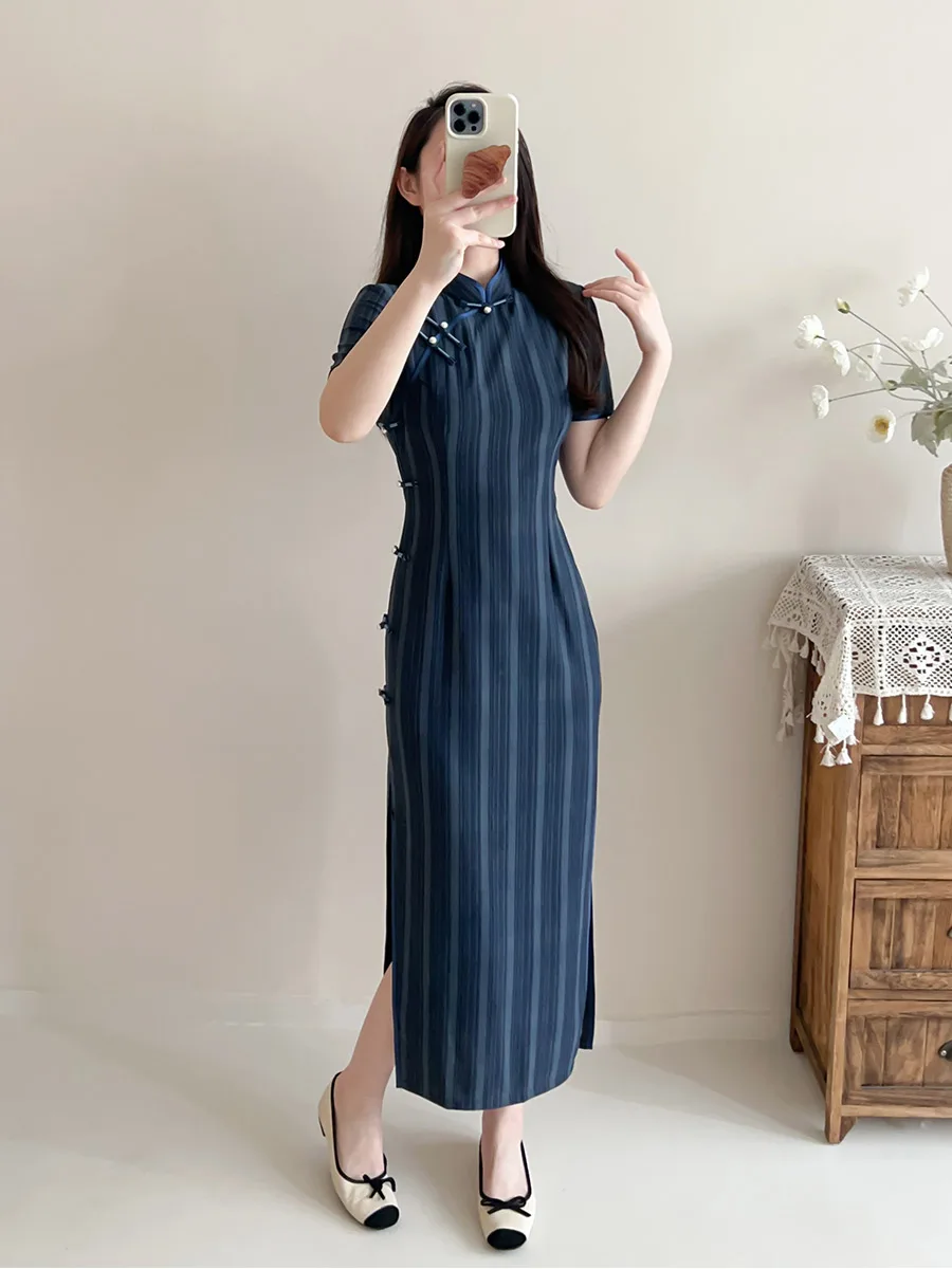 

New Chinese Sle Blue Slimming Jiangnan Fu Retro Ele Daily High End Women's Long Qipao ort Sve Stripe
