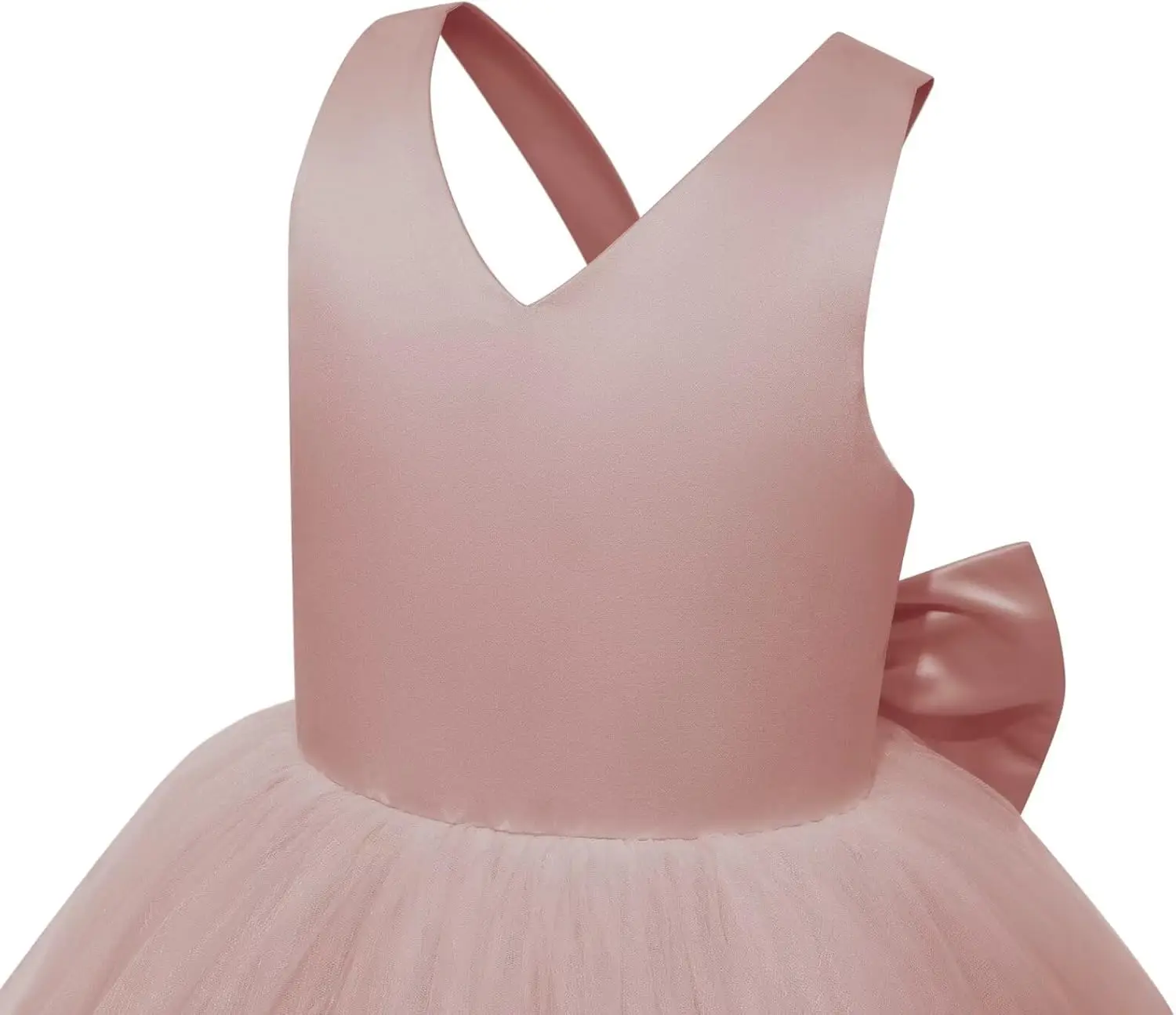 Blumenmädchenkleid mit gekreuzten Schulterträgern und großer Schleife auf der Rückseite, Party-Tanzkleid aus Satin-Chiffon für Mädchen, formelle Kleidung