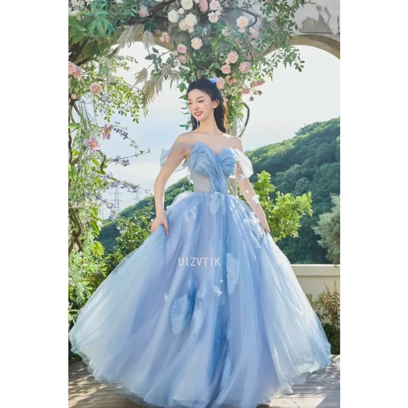 

Korea Blue Long Evening Dress Sparkly Fairy Tulle Photo Shoot Corset Formal Birthday Party Dress Princess Shiny Wedding Dresses