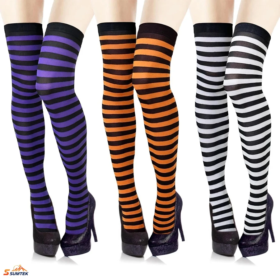 

Womens Striped Thigh High Sock Over Knee Thigh High Stockings for Independence Day Christmas Halloween Witch Cosplay Stocking